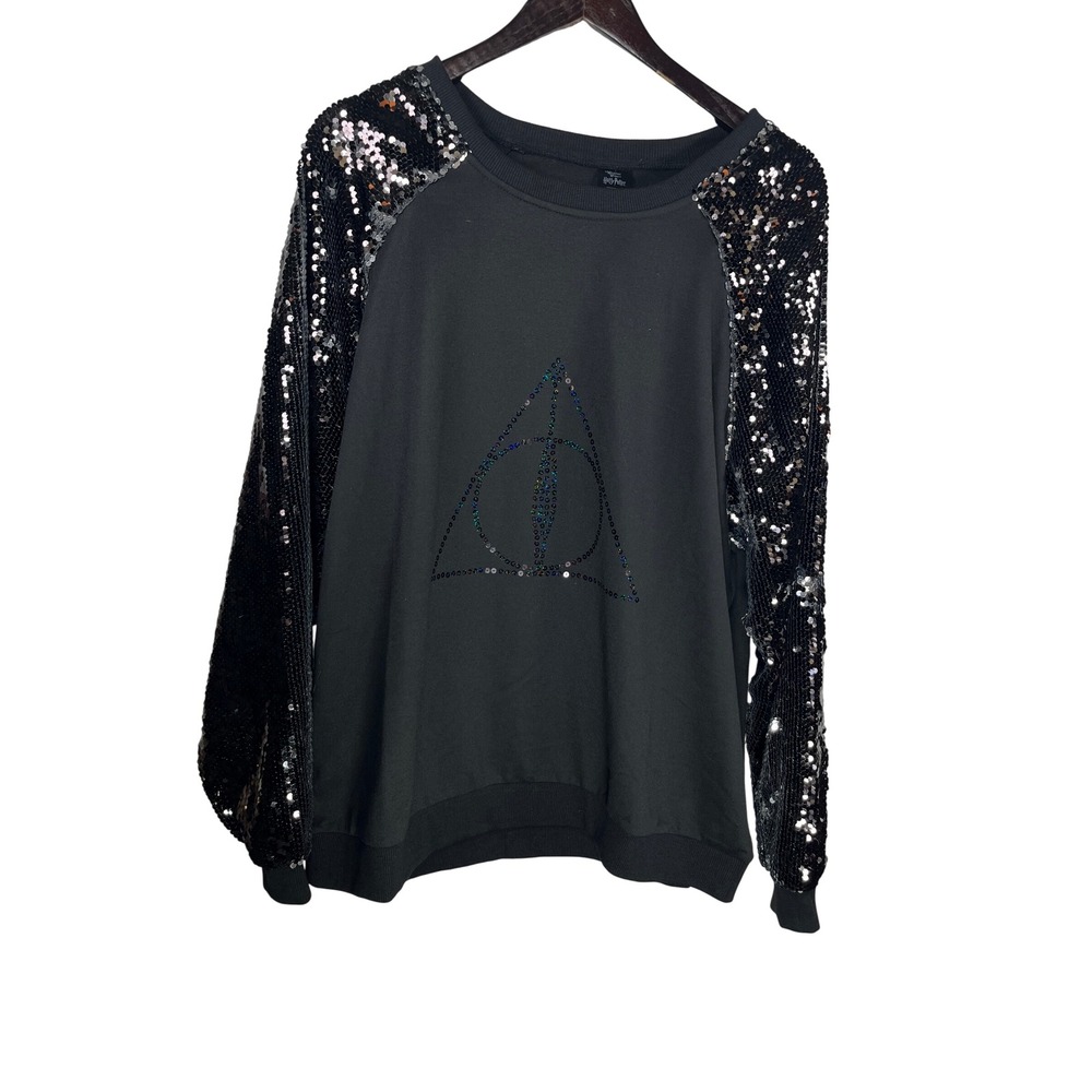 Harry Potter Deathly Hallows Sweatshirt XXXL Black Sequin Sleeves Pullover